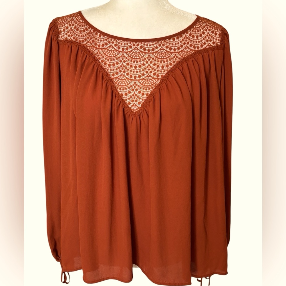 H&M Rust Long Sleeve Lace Yoke Boho Top Size 10